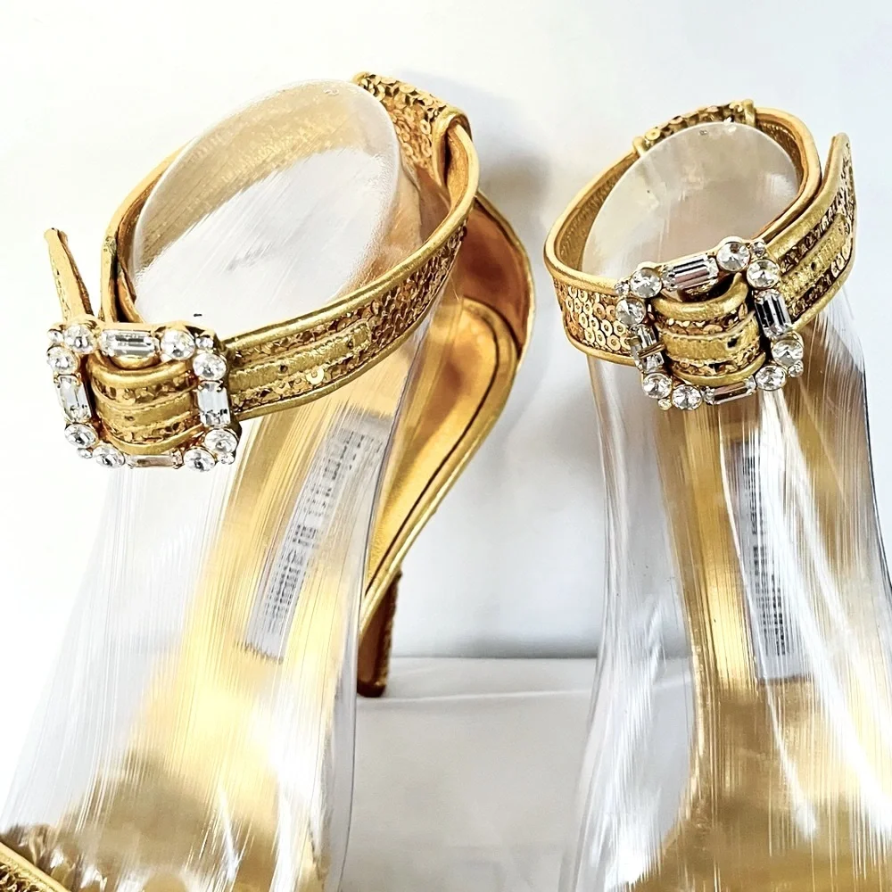Manolo Blahnik gold sequin heels with crystal buckle 38